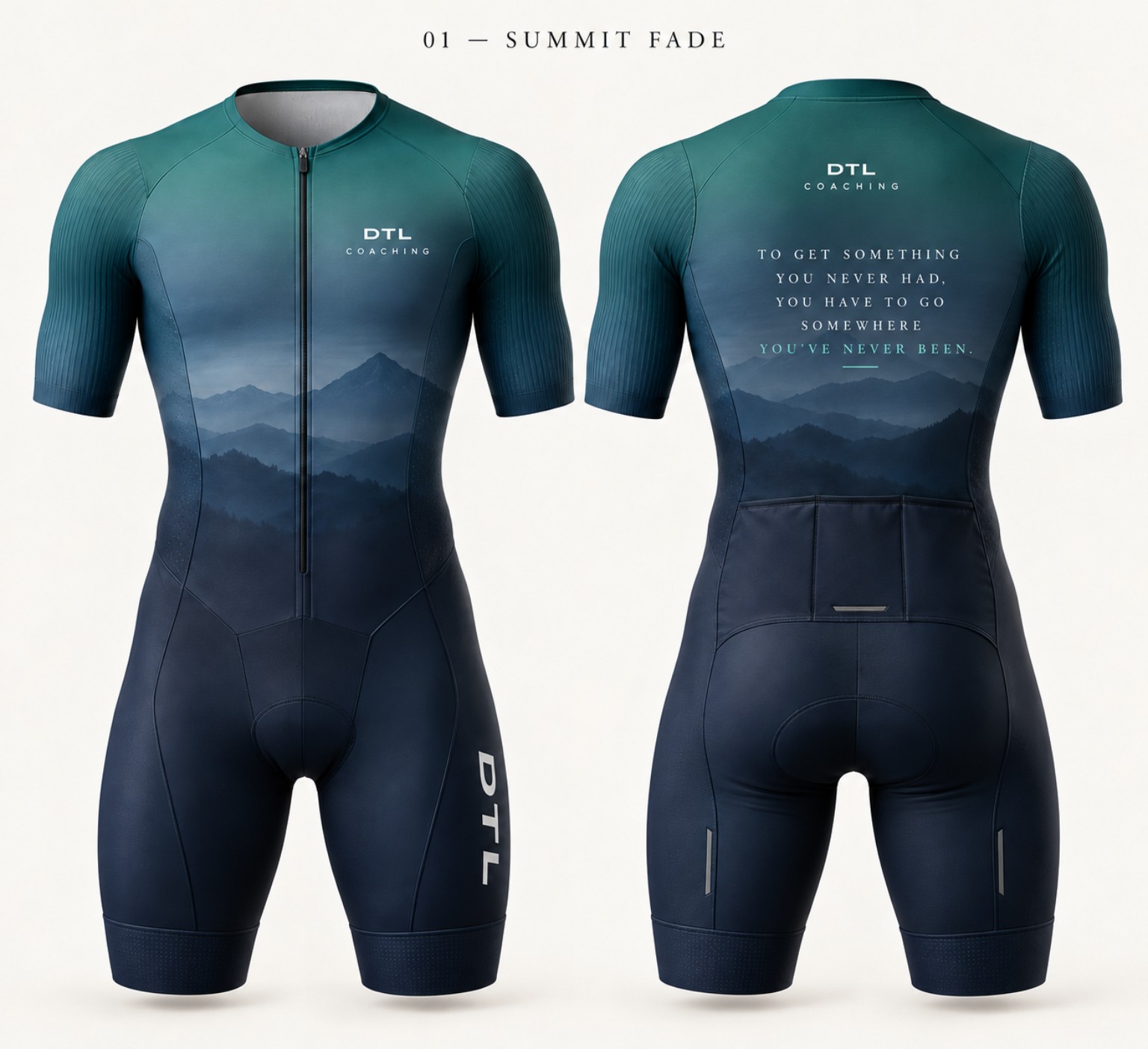 Front of the teal DTL Summit Fade tri suit